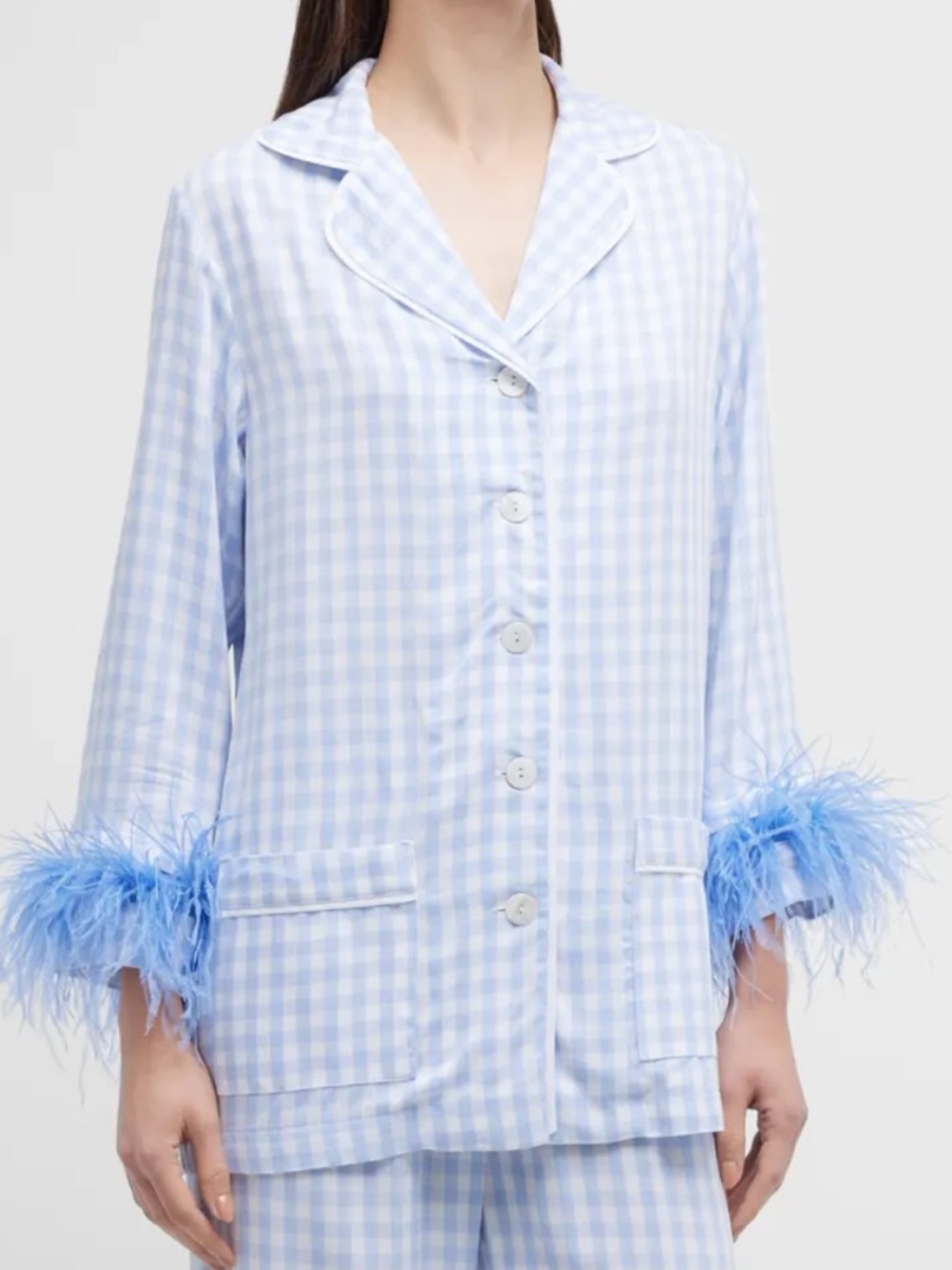 SLEEPER Party‎ Pajama Top Light Blue Gingham Ostrich Feather Cuffs Oversized XS